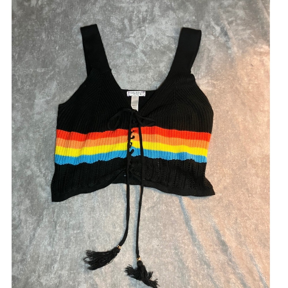 Jolie Joy Rainbow Stripe Lace Up Knit Crop Tank Top‎ Plus 1X Boho Fairy Festival